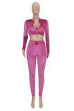 ピンクファッションカジュアルソリッドベーシックジッパーカラー長袖ツーピース