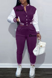 Purple Fashion Casual Patchwork Letter Long Sleeve Two Pieces