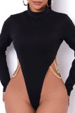 Light Pink Sexy Casual Solid Patchwork Chains Turtleneck Skinny Romper