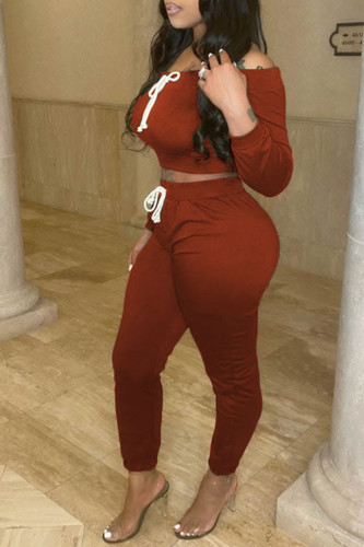 Deep Coffee Sexy Solid Draw String Off the Shoulder Long Sleeve Two Pieces