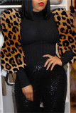 Бордовые модные повседневные топы с леопардовым принтом в стиле пэчворк и круглым вырезом