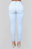 Jeans skinny in denim a vita media casual tinta unita blu baby