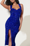 Синее модное сексуальное лоскутное платье с блестками и открытой спиной с разрезом и квадратным воротником