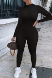 Zwarte casual sportkleding Effen patchwork O-hals Normale jumpsuits