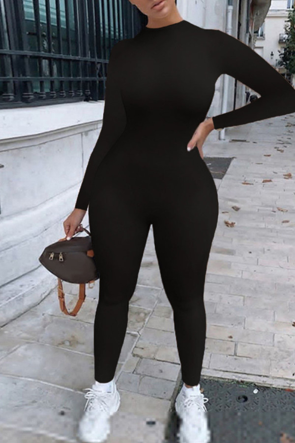 Schwarze, lässige Sportswear-Overalls mit einfarbigem Patchwork und O-Ausschnitt
