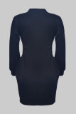 Negro Moda Casual Sólido Básico O Cuello Manga larga Vestidos de talla grande
