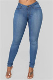 Mellanblå Mode Casual Solid Basic Skinny Denim Jeans med mitten av midjan