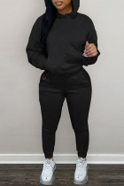 ブラックファッションカジュアルソリッドベーシックフード付きカラー長袖ツーピース