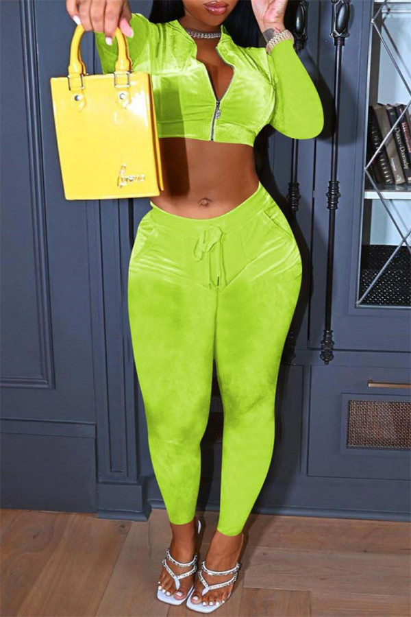 蛍光グリーンファッションカジュアルソリッドベーシックジッパーカラー長袖ツーピース