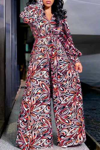 Tangerine Fashion Print Patchwork V Neck Loose Jumpsuits