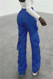 Calça Azul Moda Casual Sólida Patchwork Regular Cintura Média