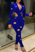 Colorful Blue Fashion Sexy Solid Hollowed Out Zipper Collar Skinny Jumpsuits