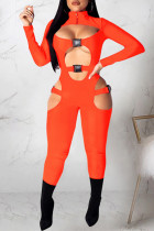 Orange Sexy Casual Solid Hollowed Out Patchwork Turtleneck Skinny Jumpsuits