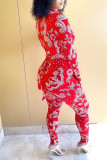 Red Fashion Sexy Print Bandage Hollowed Out Half A Turtleneck Skinny Jumpsuits