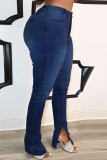 Hellblaue, lässige, einfarbige Skinny-Denim-Jeans mit Knöpfen, Schlitz und Reißverschluss