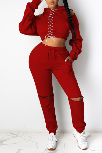 Red Sexy Solid Bandage Patchwork Backless Zipper Hooded Collar Long Sleeve Two Pieces