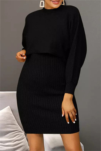 Black Fashion Casual Solid Basic O Neck Long Sleeve Two Pieces