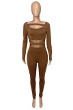 Brown Fashion Casual Patchwork Solid Hollowed Out O Neck Skinny Jumpsuits
