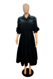 Черное модное повседневное однотонное платье-рубашка без пояса с отложным воротником и длинным рукавом