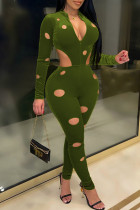 Light Green Fashion Sexy Solid Hollowed Out Zipper Collar Skinny Jumpsuits