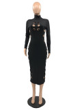 Black Fashion Casual Solid Hollowed Out Turtleneck Long Sleeve Dresses