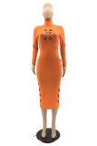 Orange Fashion Casual Solid Hollowed Out Turtleneck Long Sleeve Dresses