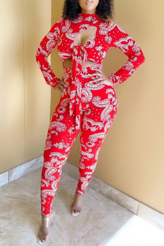 Red Fashion Sexy Print Bandage Hollowed Out Half A Turtleneck Skinny Jumpsuits