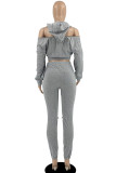Grey Sexy Solid Bandage Patchwork Backless Zipper Hooded Collar Long Sleeve Two Pieces