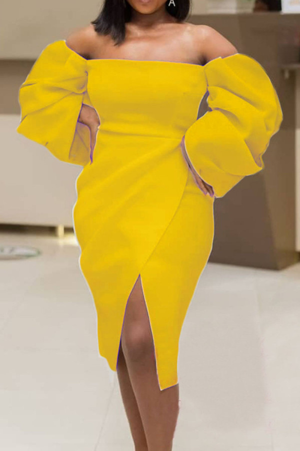 Gele elegante effen patchwork asymmetrische strapless onregelmatige jurkjurken