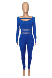 Blauwe mode casual patchwork effen uitgeholde skinny jumpsuits met O-hals