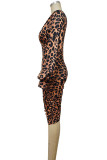 Estampado de leopardo Estampado sexy Patchwork Cuello en V con pliegues Vestidos de falda de un solo paso