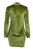 Green Fashion Sexy Solid Fold Turndown Collar Long Sleeve Dresses