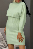 Green Fashion Casual Solid Basic O Neck Long Sleeve Two Pieces