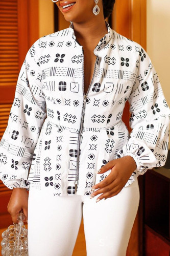 White Casual Print Patchwork Zipper Outerwear