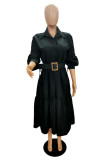 ベルトターンダウンカラー長袖シャツドレスなしのブラックファッションカジュアルソリッド