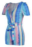 Macacão multicolorido casual estampado patchwork manga curta com decote em V
