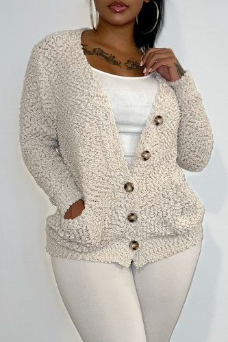 Cream White Casual Solid Split Joint Buckle V Neck Outerwear