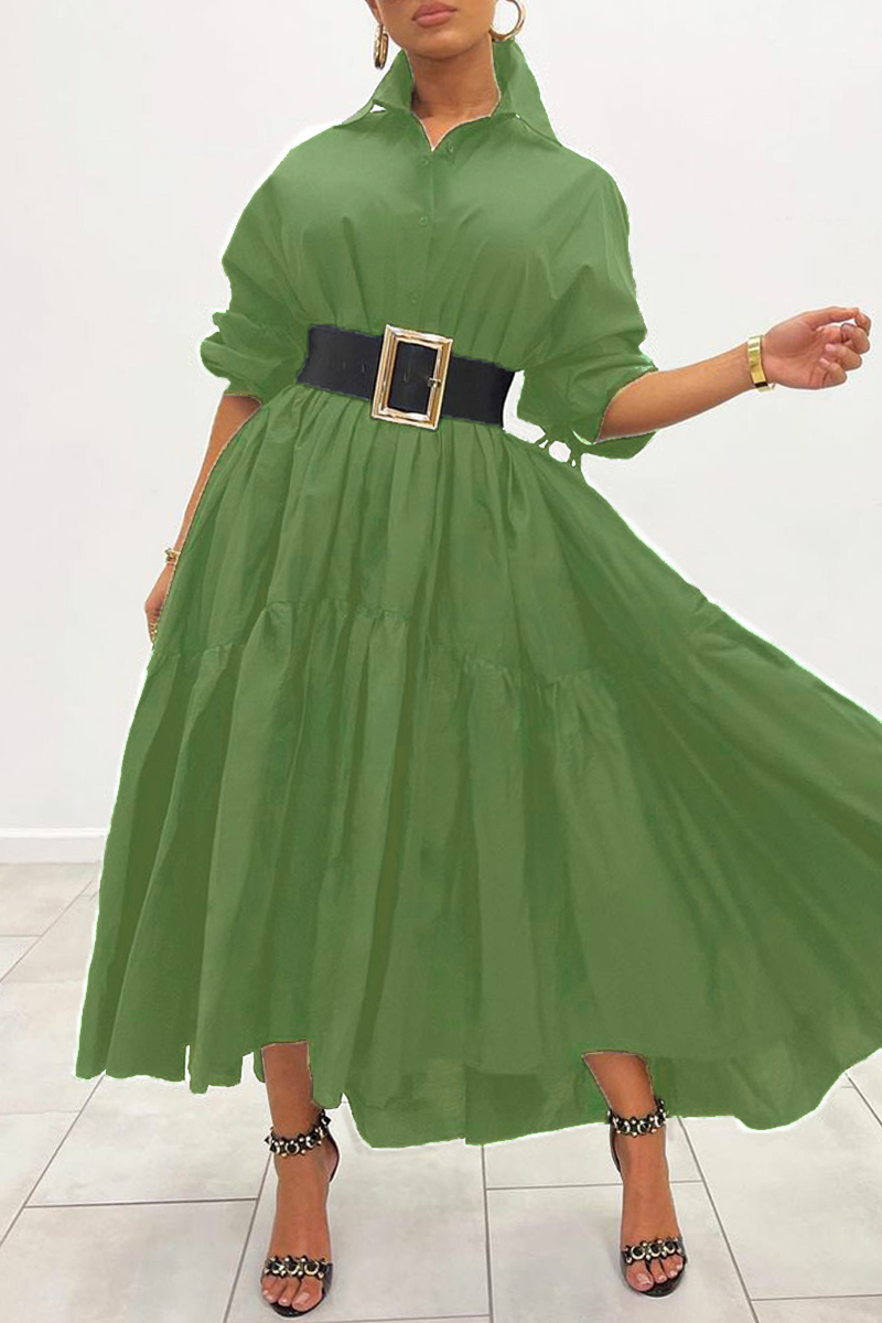 

Fruit Green Fashion Casual Solid Without Belt Turndown Collar Long Sleeve Shirt Dress