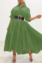 Фруктово-зеленое модное повседневное однотонное платье-рубашка без пояса с отложным воротником и длинным рукавом