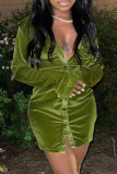 Зеленые модные сексуальные однотонные платья с отложным воротником и длинным рукавом