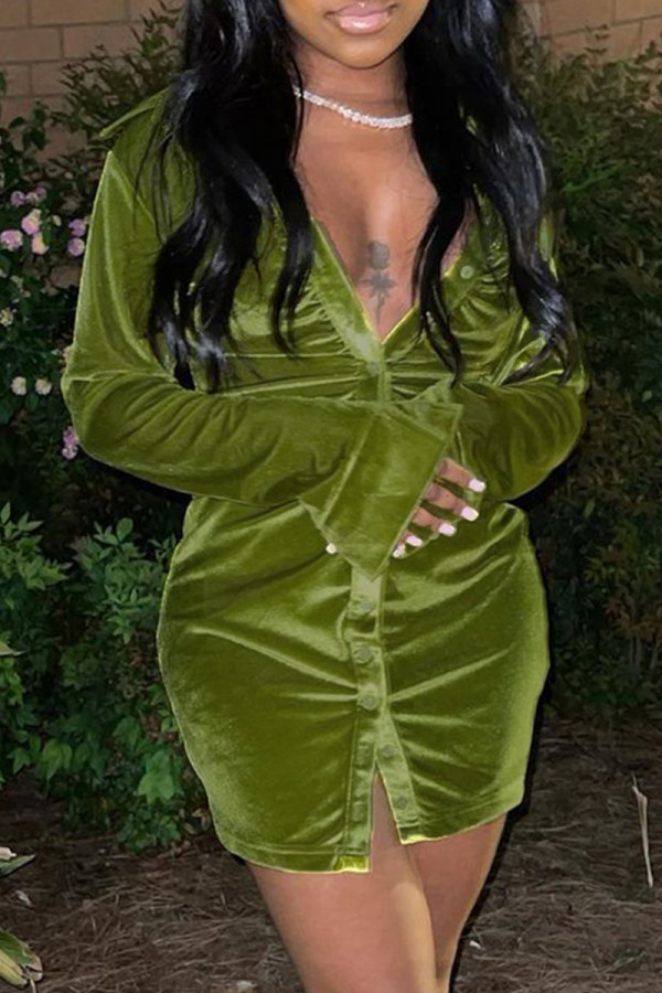 Robes à manches longues à col rabattu et col rabattu sexy à la mode verte