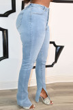 Jeans de mezclilla ajustados con cremallera y abertura con botones sólidos casuales azul profundo