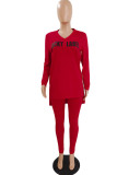Red Casual Letter Print Patchwork V Neck Long Sleeve Two Pieces