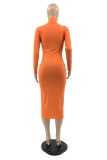 オレンジ ファッション カジュアル ソリッド くり抜き タートルネック ロング スリーブ ドレス