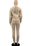 Khaki Casual Solid Patchwork Fold Hooded Collar Long Sleeve Two Pieces