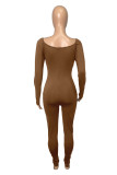 Brown Fashion Casual Patchwork Solid Hollowed Out O Neck Skinny Jumpsuits