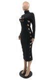 Black Fashion Casual Solid Hollowed Out Turtleneck Long Sleeve Dresses