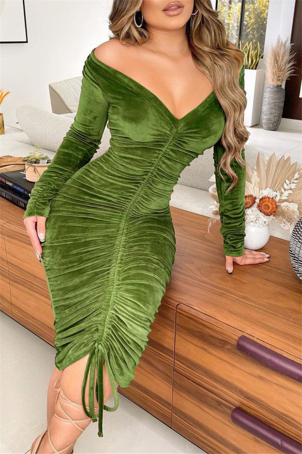 Vestidos de manga larga con cuello en V y cordón con tiras de vendaje sólido sexy de moda verde