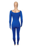 Blue Fashion Casual Patchwork Solid Hollowed Out O Neck Skinny Jumpsuits
