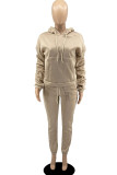 Khaki Casual Solid Patchwork Fold Hooded Collar Long Sleeve Two Pieces